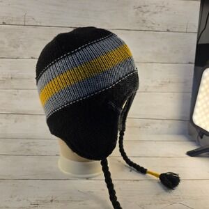 Marmot Peruvian Beanie Earflap Knit Hat Black Grey Yellow Tassel One Size Y15800